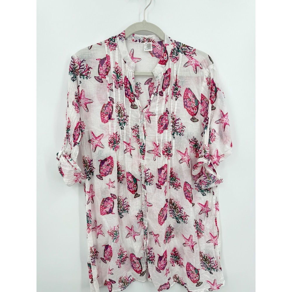 Unbranded Nautical Fish Starfish Tunic Shirt Women XS White Pink Cotton Gauze